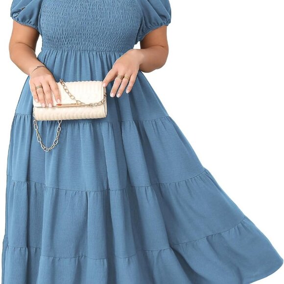 Plus Size Maxi Dress Light Blue Smocked Tiered Casual Summer Flowy - Picture 1 of 7
